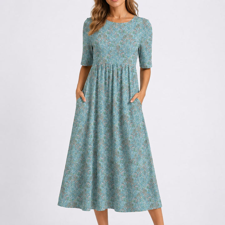 Damen Blumen Midi Kleid für Herbst Hochzeitsgäste mit Rundhals