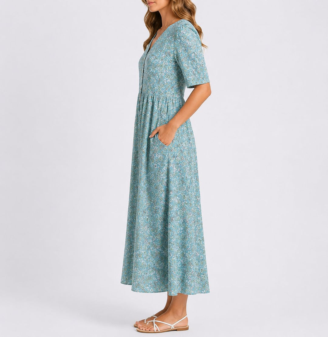 Damen Blumen Midi Kleid für Herbst Hochzeitsgäste mit Rundhals