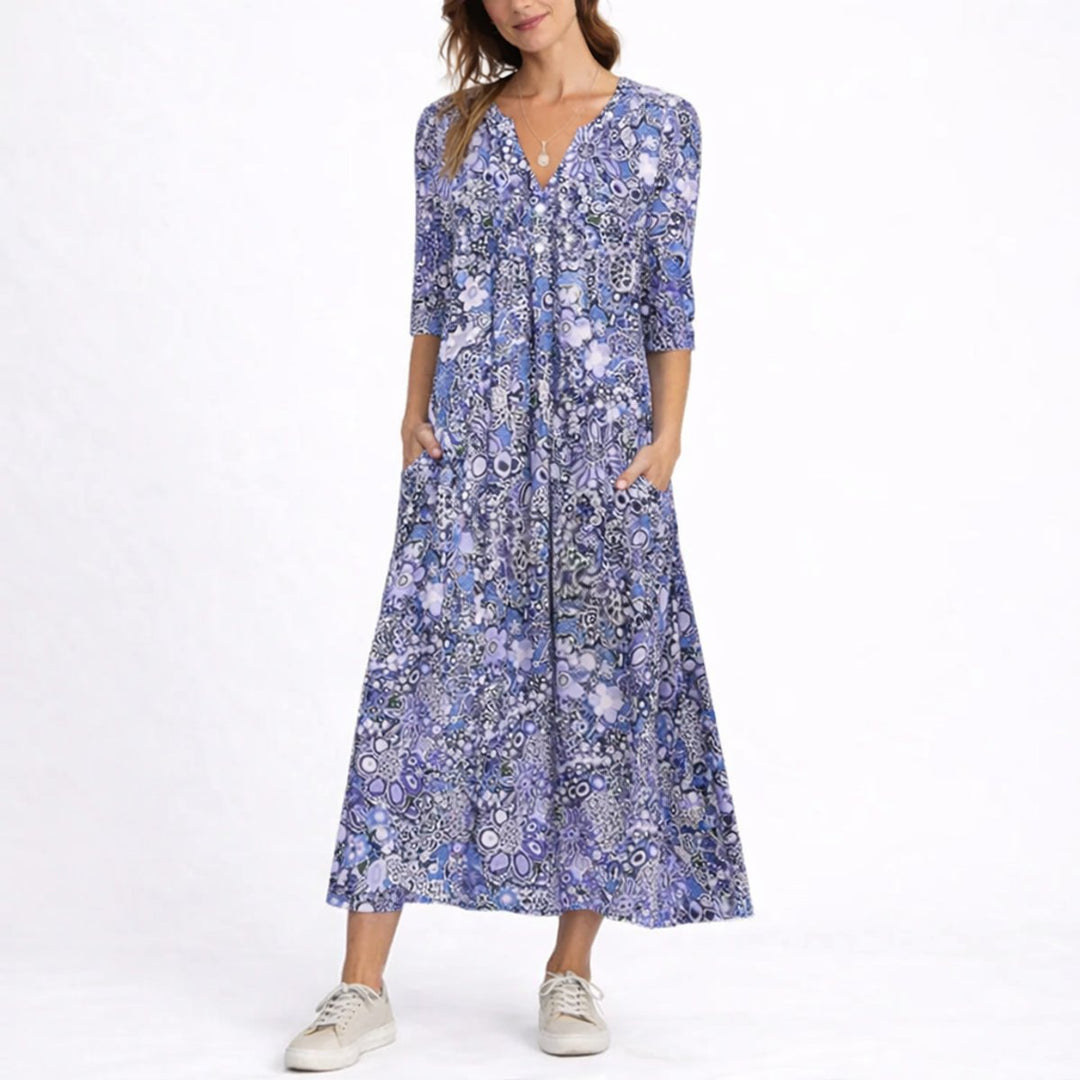 Damen Blumen Midi Kleid für Hochzeitsgäste im Herbst V-Ausschnitt - Blau