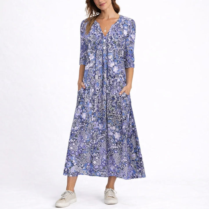 Damen Blumen Midi Kleid für Hochzeitsgäste im Herbst V-Ausschnitt - Blau
