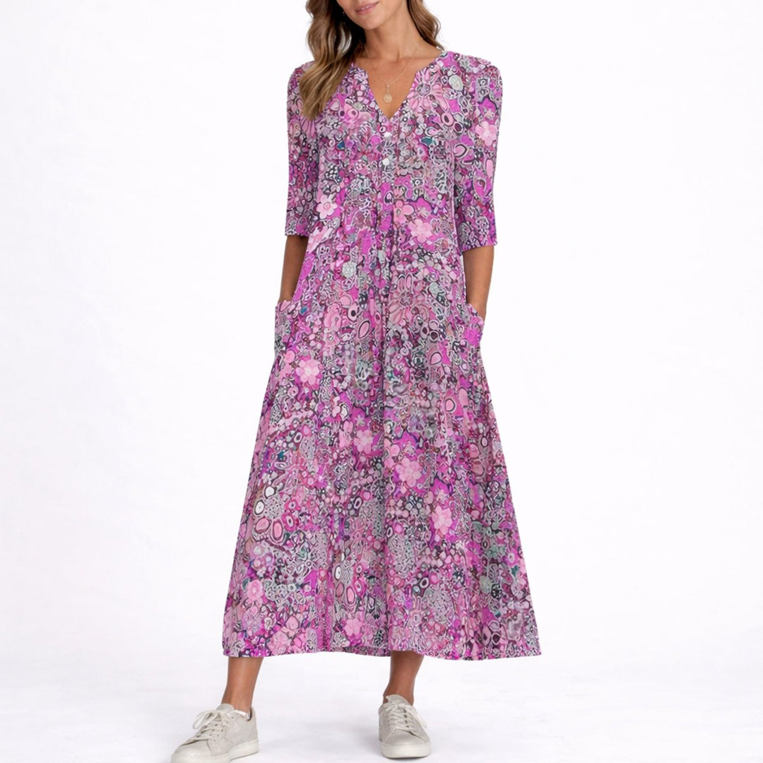 Damen Blumen Midi Kleid für Hochzeitsgäste im Herbst V-Ausschnitt - Lila