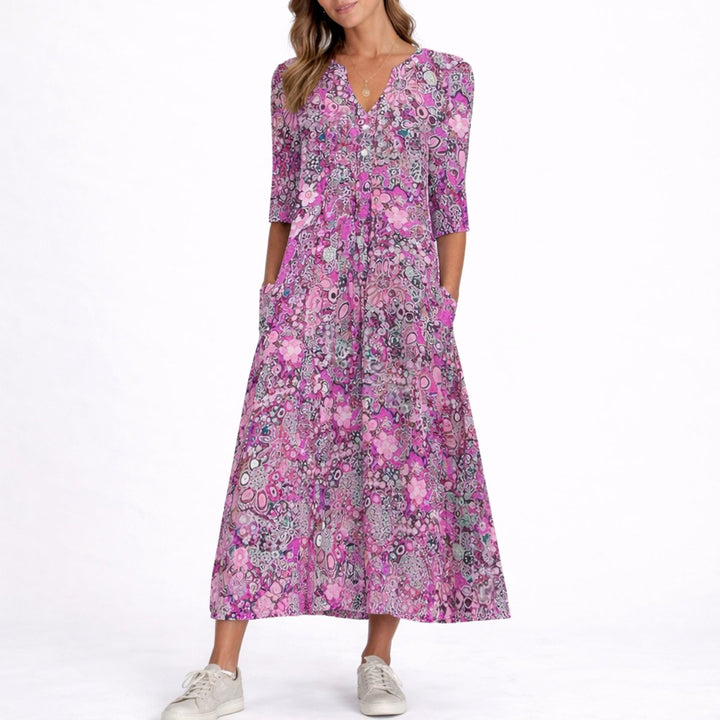 Damen Blumen Midi Kleid für Hochzeitsgäste im Herbst V-Ausschnitt - Lila
