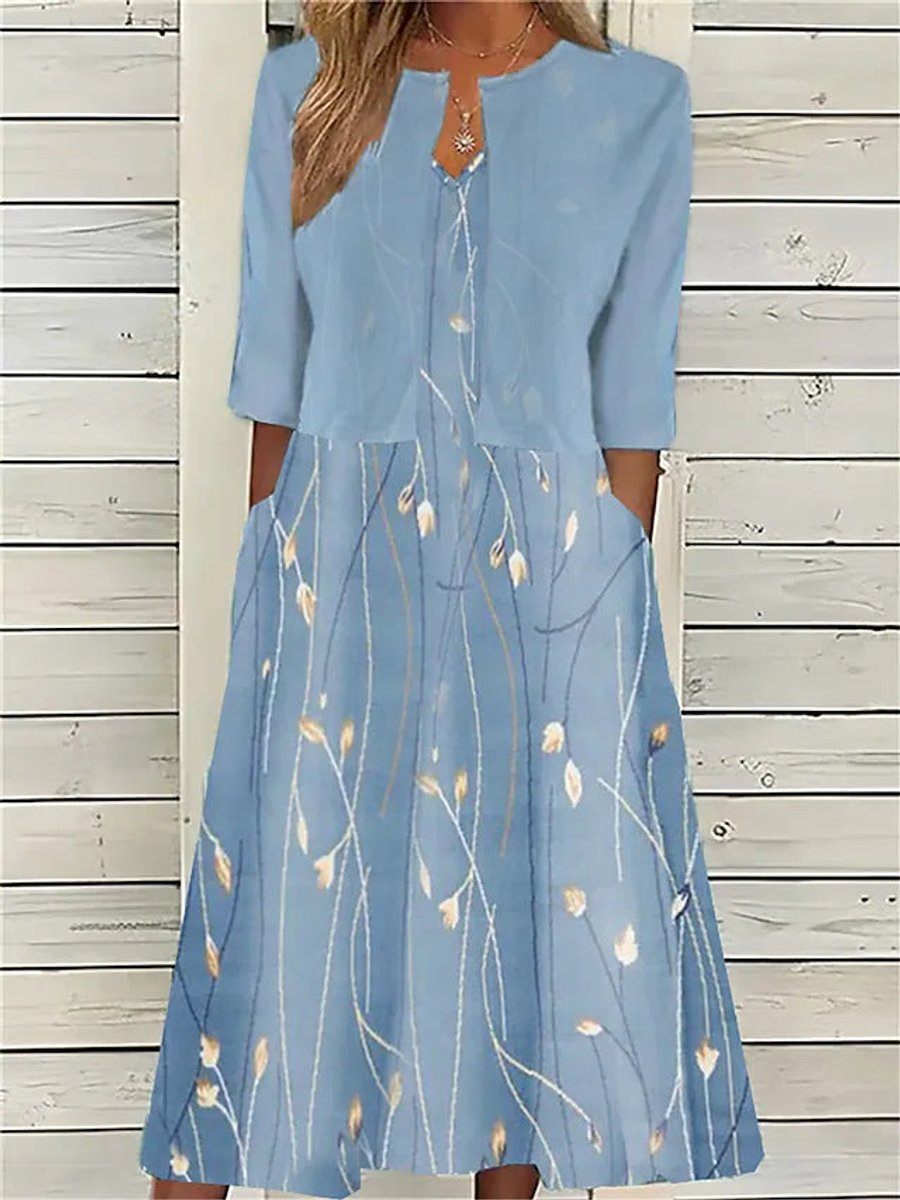 Damen Blumen Midi Kleid mit Rundhals Halbarm und Seitentaschen