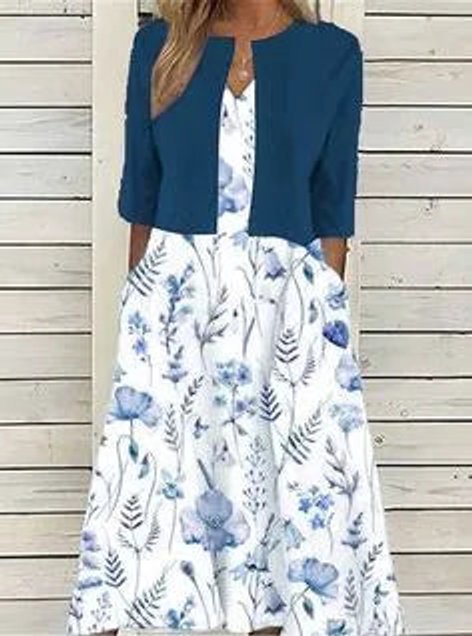Damen Blumen Midi Kleid mit Rundhals Halbarm und Seitentaschen - Dunkelblau