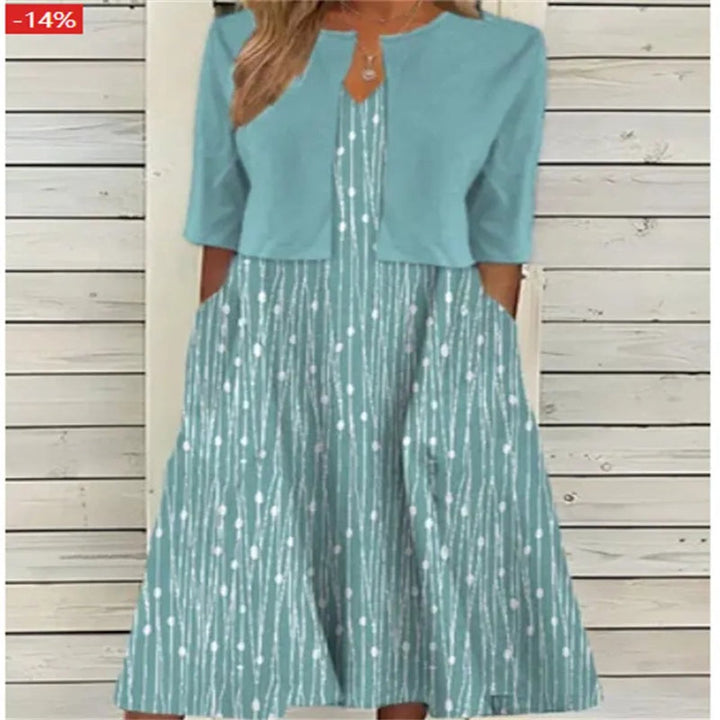 Damen Blumen Midi Kleid mit Rundhals Halbarm und Seitentaschen - Grünblau