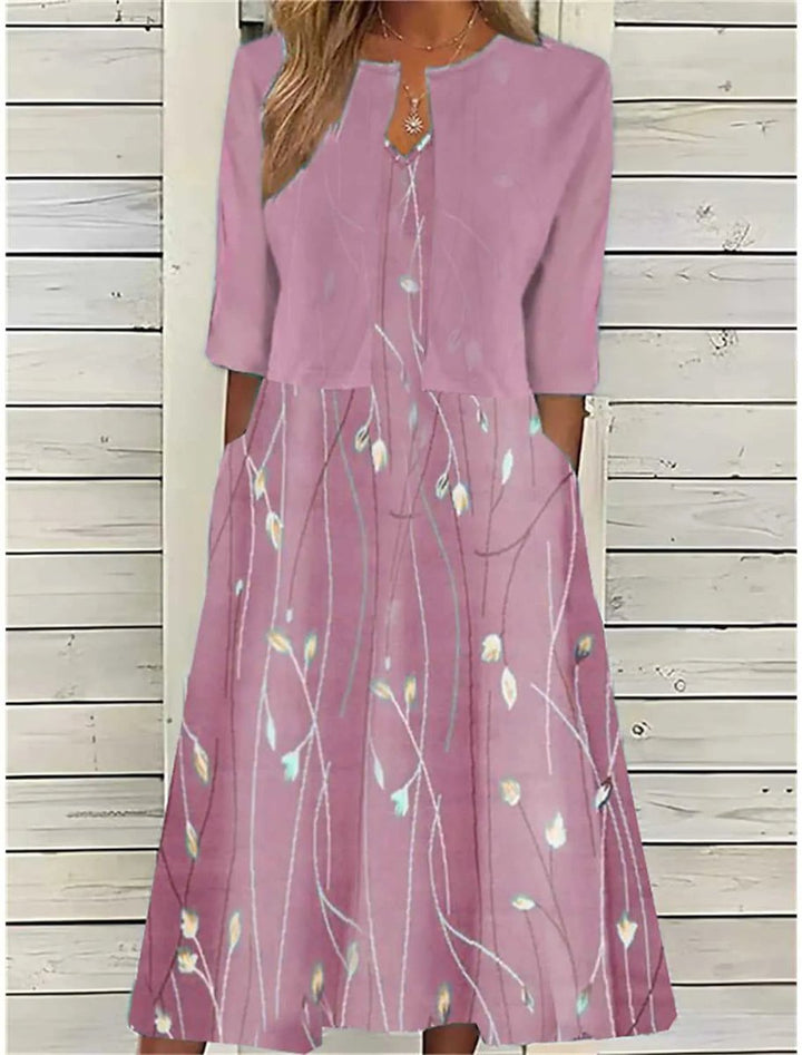 Damen Blumen Midi Kleid mit Rundhals Halbarm und Seitentaschen - Rosa