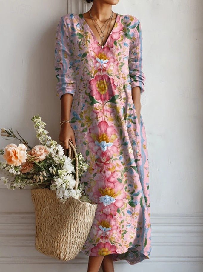 Damen Blumen Midi-Kleid mit V-Ausschnitt und Dreiviertelärmel - Dress (almost sold out)