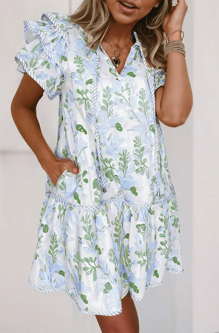 Damen Blumen-Mini-Sommerkleid mit Puffärmeln und V-Ausschnitt - Blue