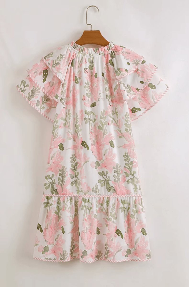 Damen Blumen-Mini-Sommerkleid mit Puffärmeln und V-Ausschnitt