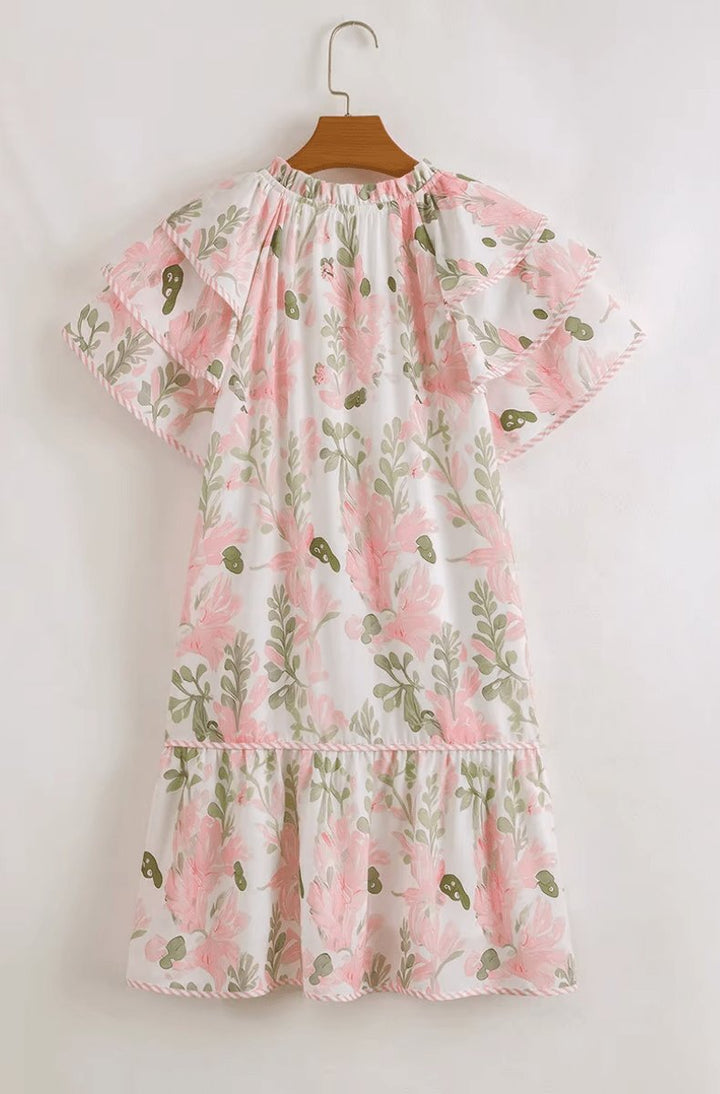 Damen Blumen-Mini-Sommerkleid mit Puffärmeln und V-Ausschnitt