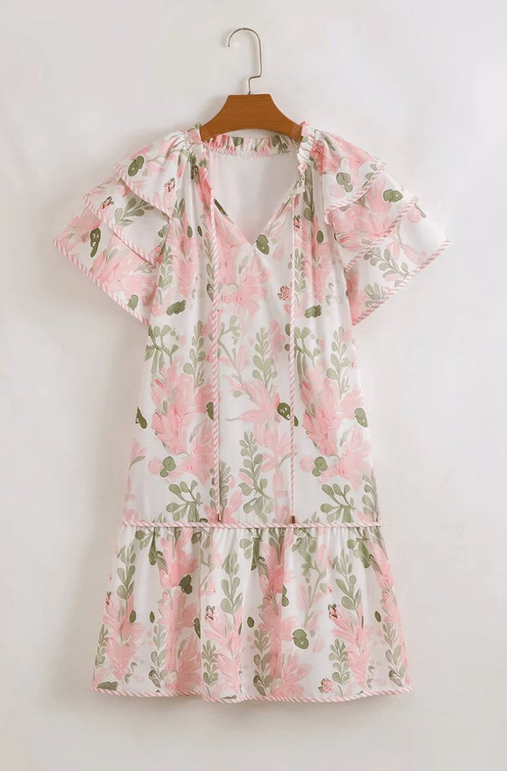 Damen Blumen-Mini-Sommerkleid mit Puffärmeln und V-Ausschnitt