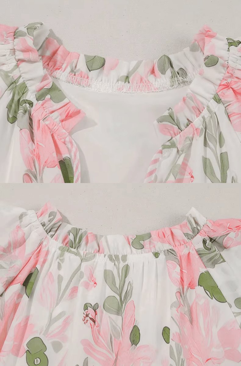 Damen Blumen-Mini-Sommerkleid mit Puffärmeln und V-Ausschnitt