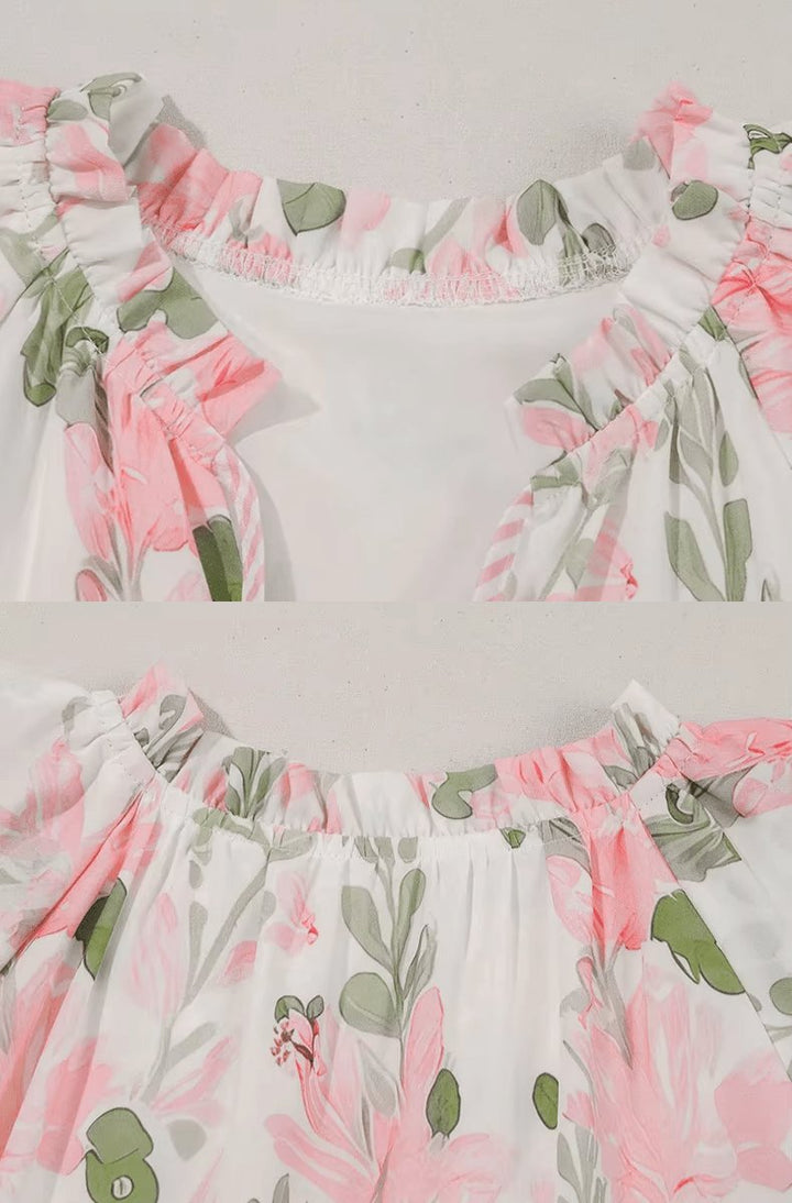 Damen Blumen-Mini-Sommerkleid mit Puffärmeln und V-Ausschnitt
