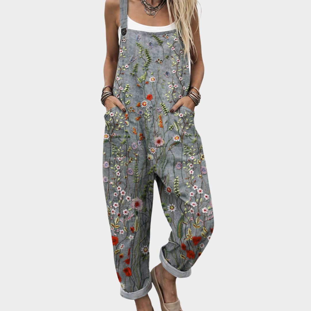 Damen Blumen Overall Latzhose Weite Passform Leinen - Grey / Floral