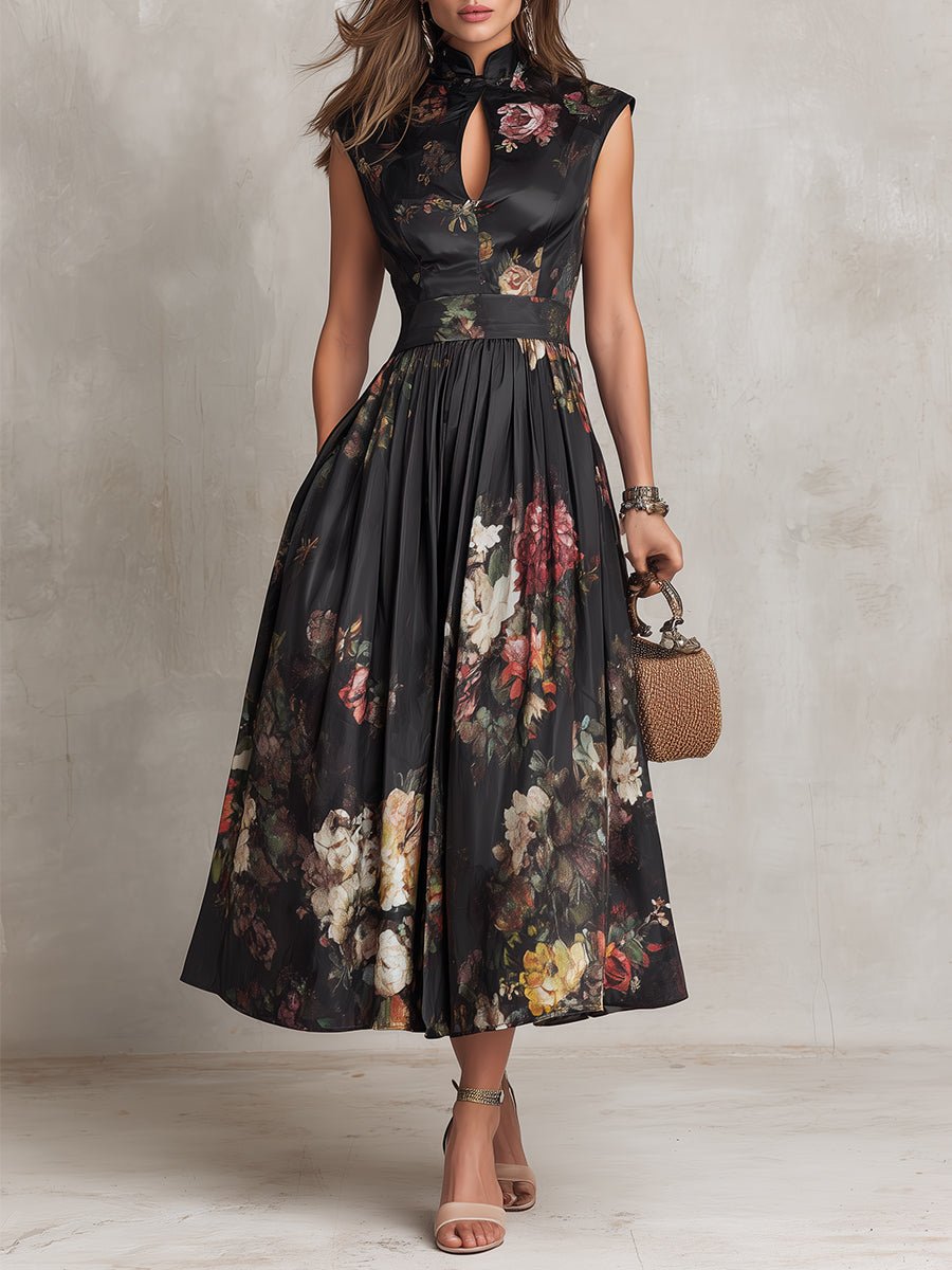 Damen Blumen-Satin Midi-Kleid mit Schlüsselloch-Ausschnitt A-Linie - Black