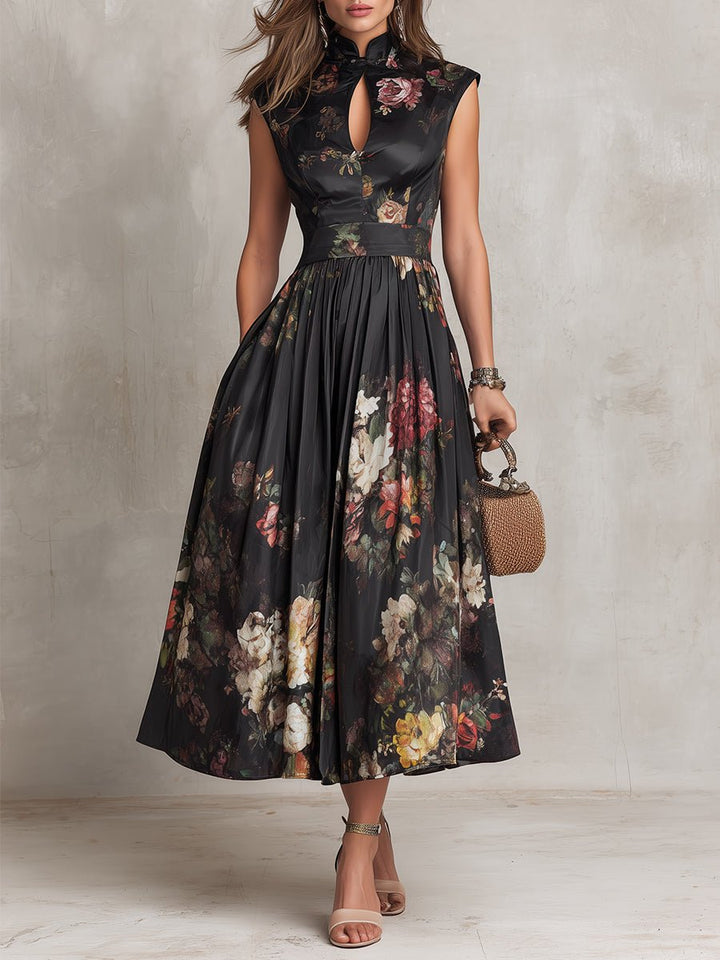 Damen Blumen-Satin Midi-Kleid mit Schlüsselloch-Ausschnitt A-Linie - Black