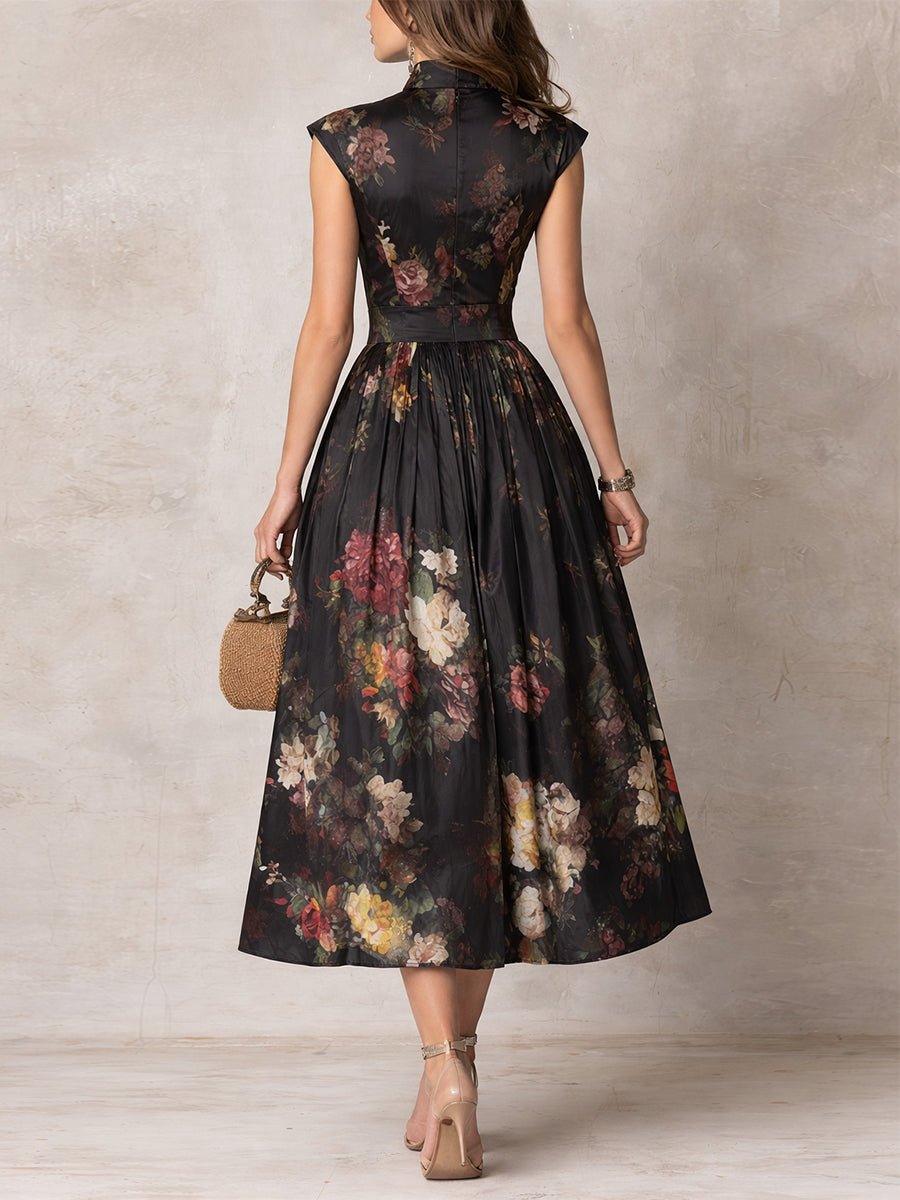 Damen Blumen-Satin Midi-Kleid mit Schlüsselloch-Ausschnitt A-Linie