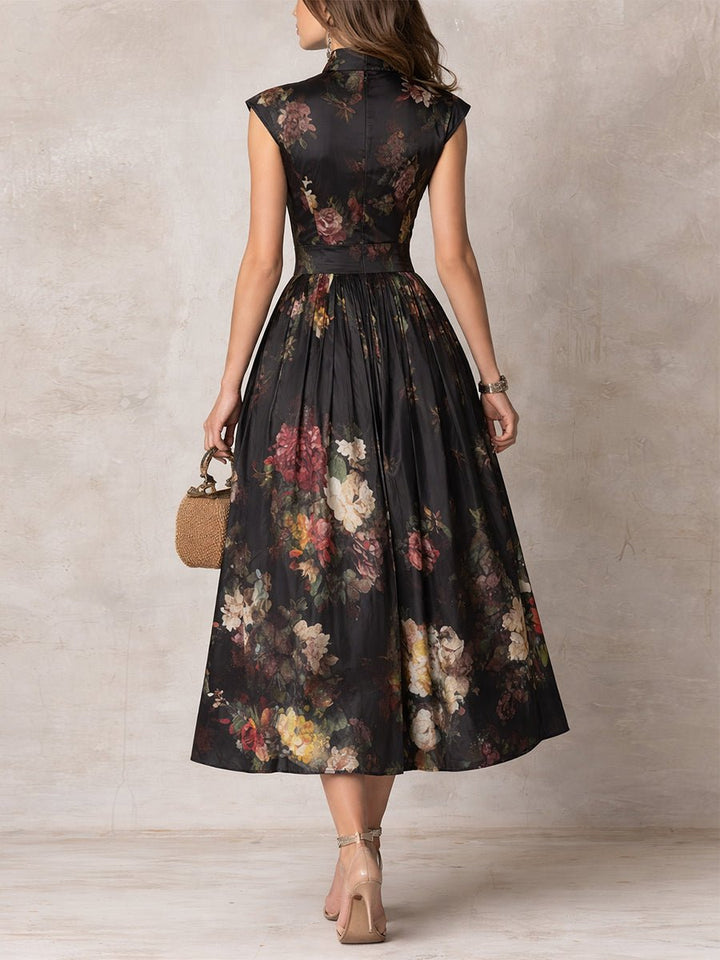 Damen Blumen-Satin Midi-Kleid mit Schlüsselloch-Ausschnitt A-Linie