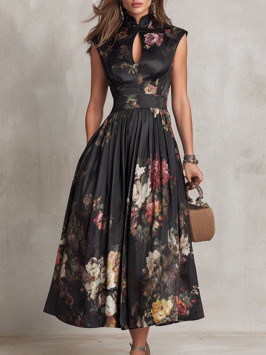 Damen Blumen-Satin Midi-Kleid mit Schlüsselloch-Ausschnitt A-Linie