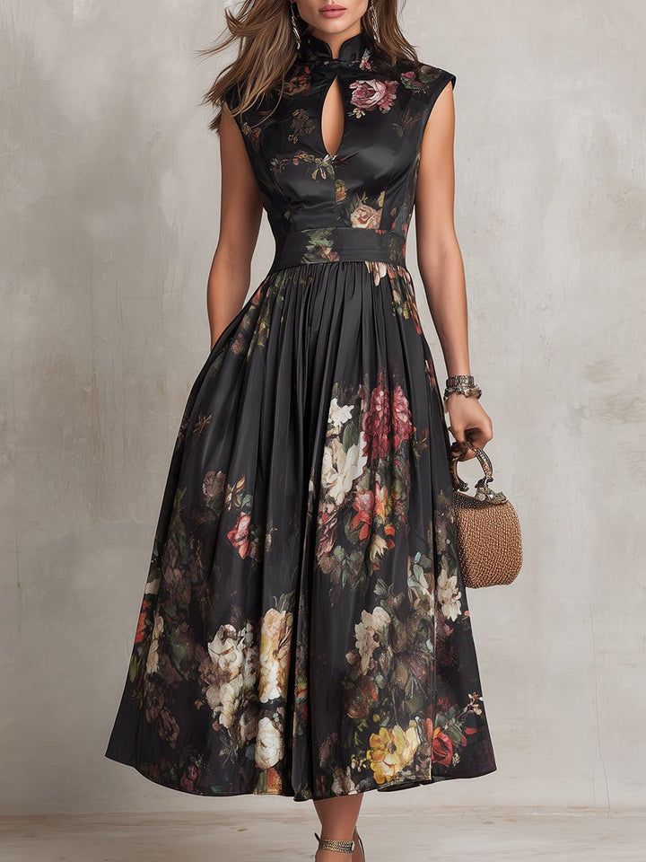 Damen Blumen-Satin Midi-Kleid mit Schlüsselloch-Ausschnitt A-Linie