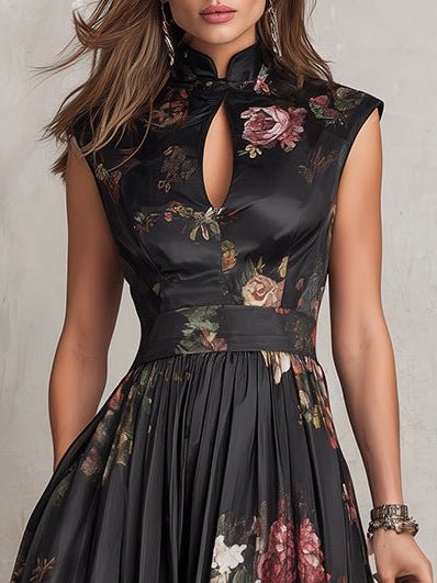 Damen Blumen-Satin Midi-Kleid mit Schlüsselloch-Ausschnitt A-Linie