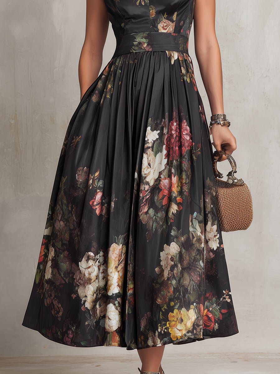 Damen Blumen-Satin Midi-Kleid mit Schlüsselloch-Ausschnitt A-Linie