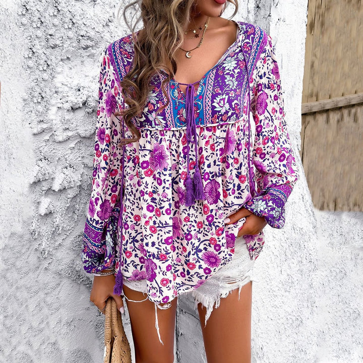Damen Blumen-Tunika V-Ausschnitt Quasten-Kordel Boho-Oberteil - Lila