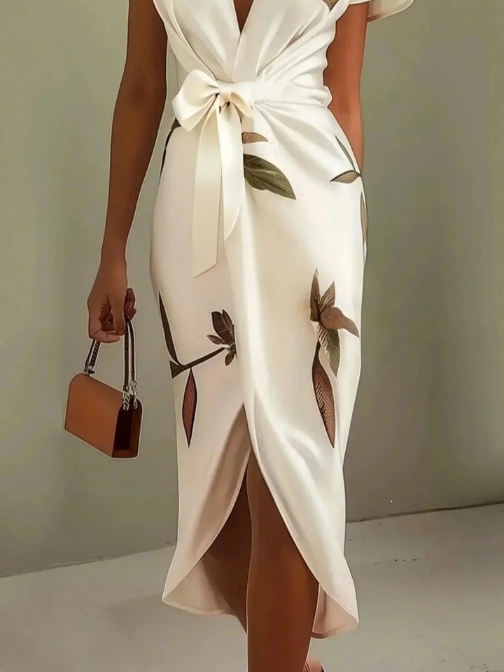 Damen Blumen Wickel Midi Kleid V-Ausschnitt