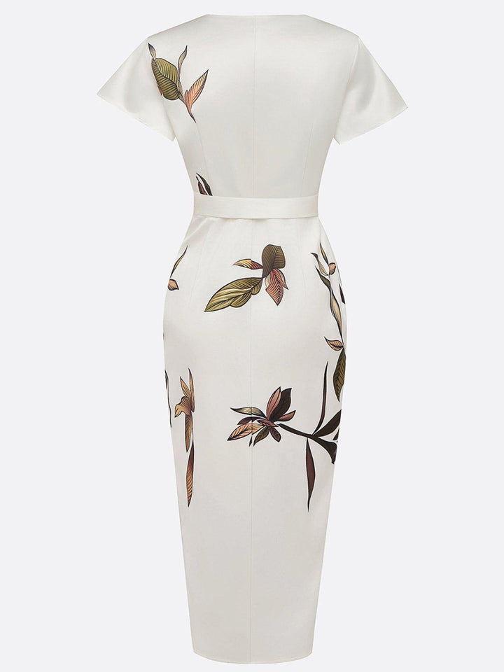 Damen Blumen Wickel Midi Kleid V-Ausschnitt