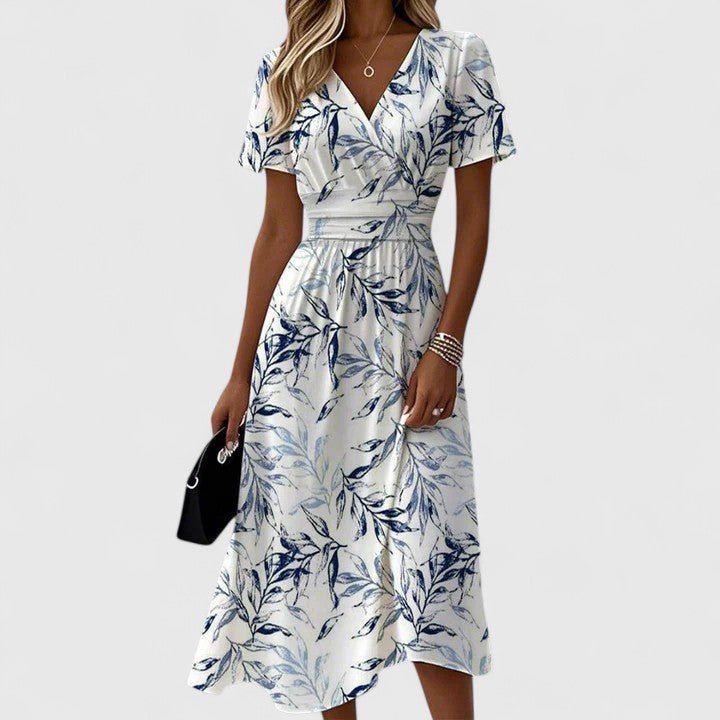 Damen Blumen Wickel-Midi-Kleid V-Ausschnitt Kurze Ärmel