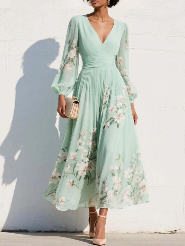 Damen Blumenmuster V-Ausschnitt Ballonärmel Midi Chiffonkleid - Light Green