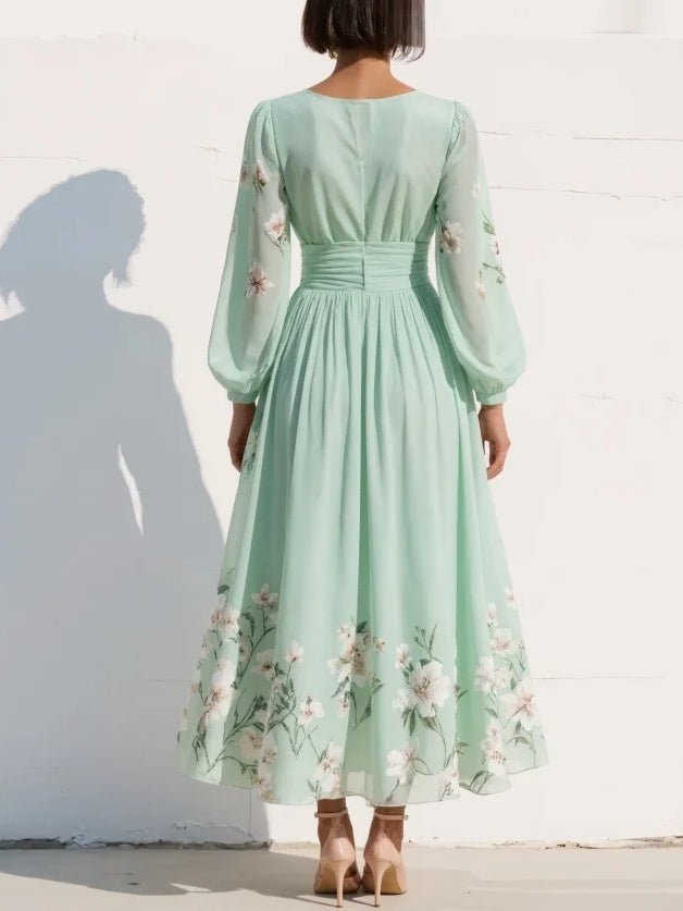 Damen Blumenmuster V-Ausschnitt Ballonärmel Midi Chiffonkleid