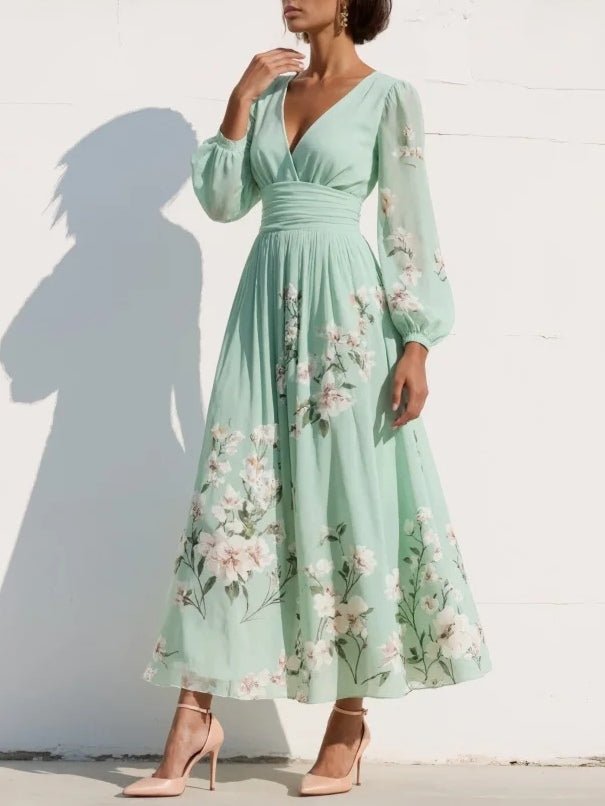 Damen Blumenmuster V-Ausschnitt Ballonärmel Midi Chiffonkleid
