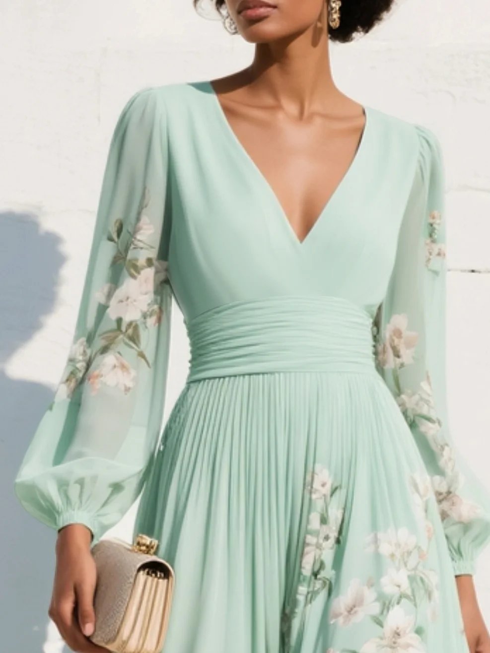 Damen Blumenmuster V-Ausschnitt Ballonärmel Midi Chiffonkleid
