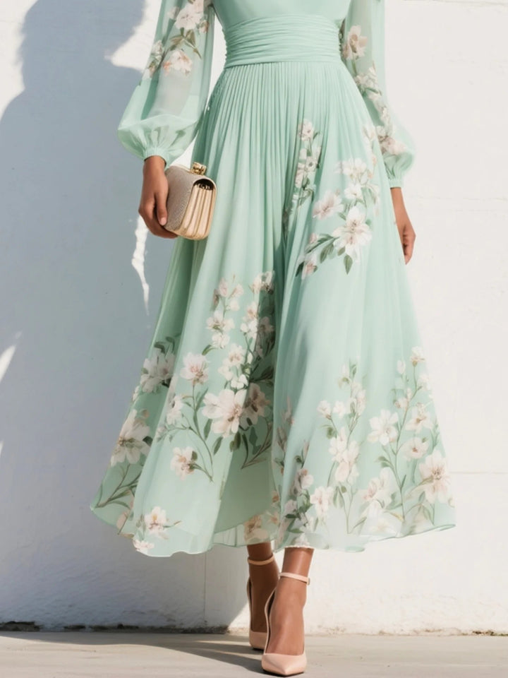 Damen Blumenmuster V-Ausschnitt Ballonärmel Midi Chiffonkleid
