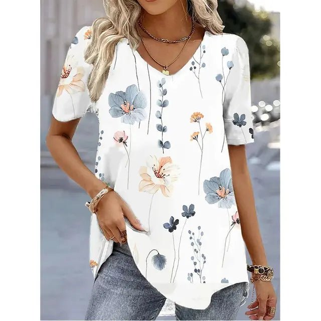 Damen Blumenmuster V-Ausschnitt Kurzarm Top - White