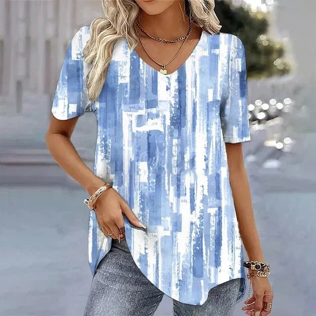 Damen Blumenmuster V-Ausschnitt Kurzarm Top - Blue