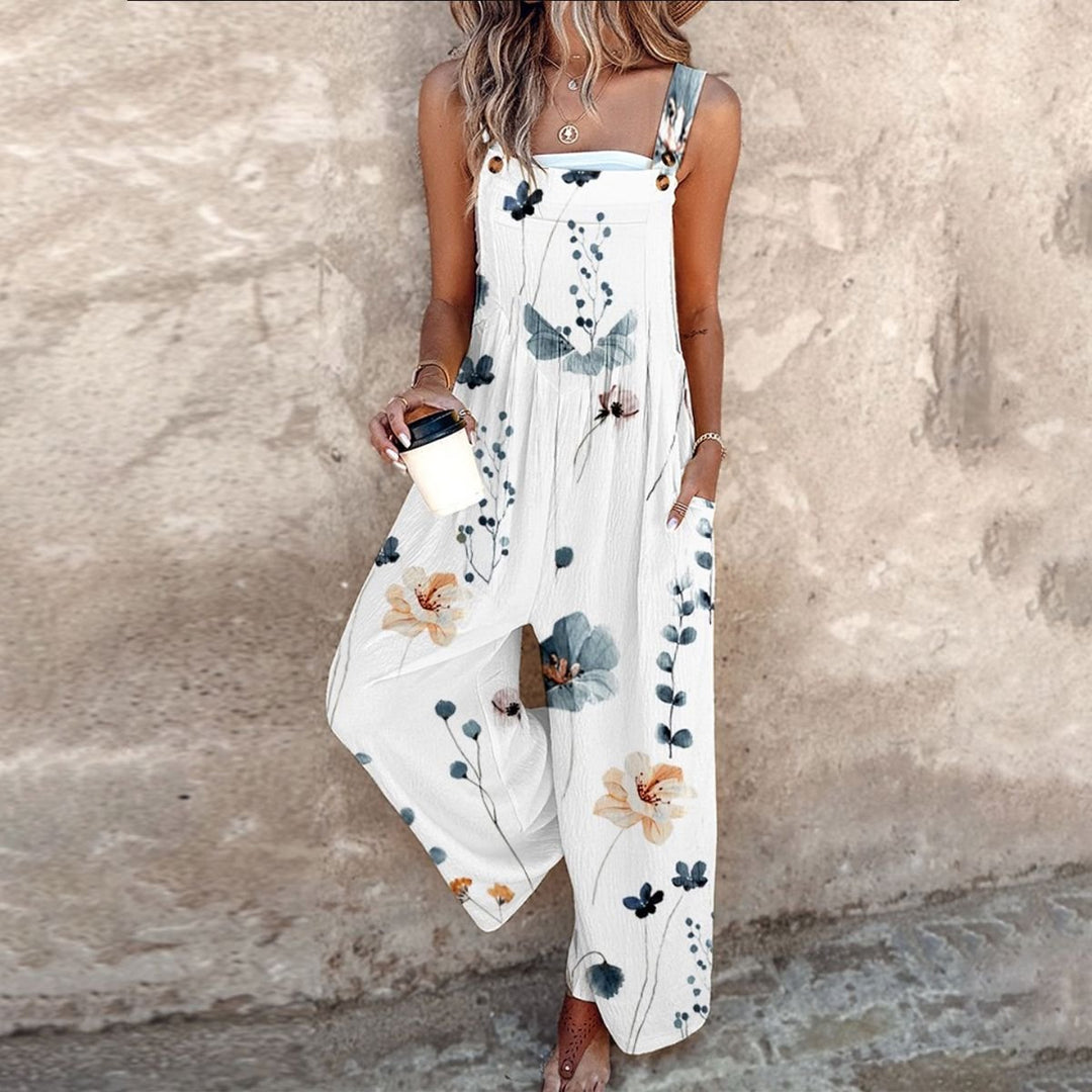 Damen Blumenprint Latzhose Weites Bein Ärmelloser Overall - White