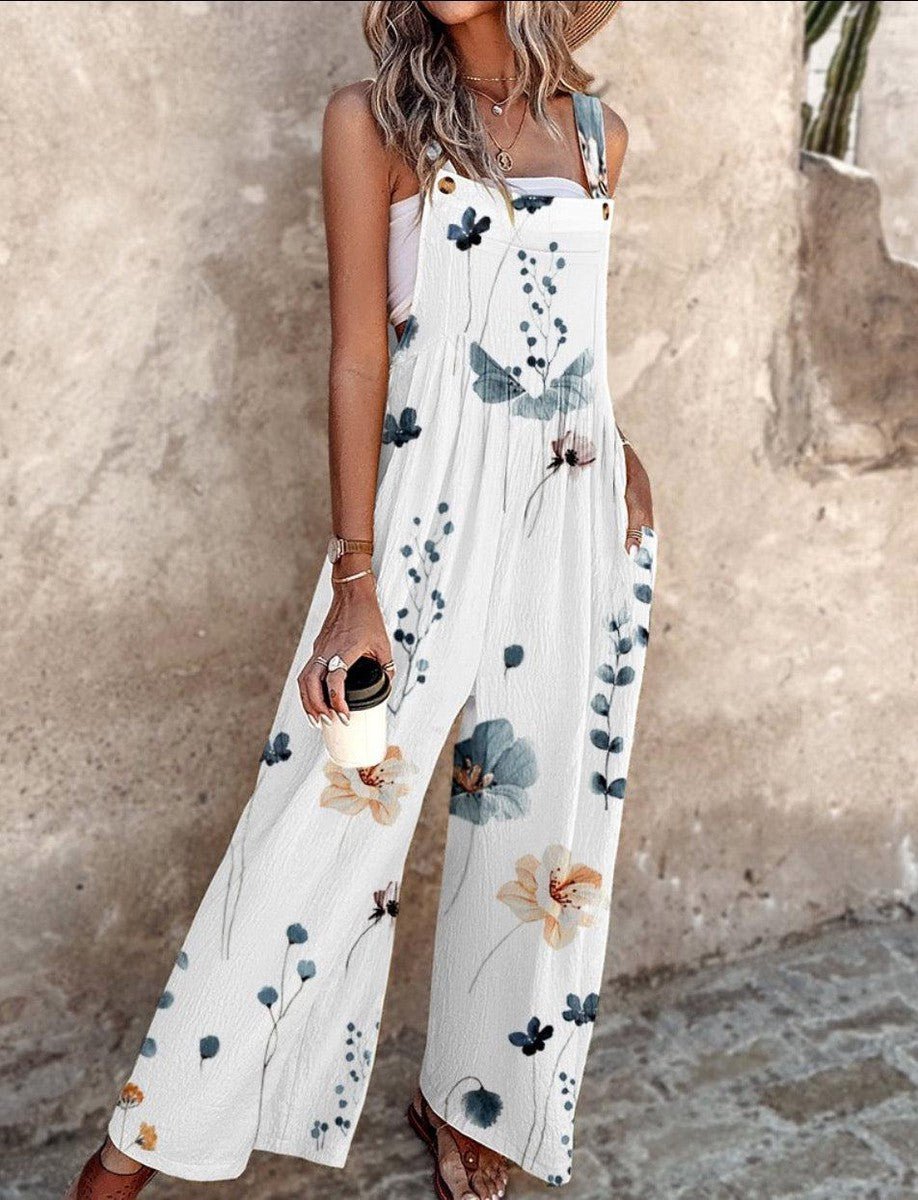 Damen Blumenprint Latzhose Weites Bein Ärmelloser Overall