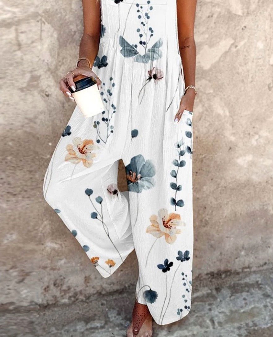 Damen Blumenprint Latzhose Weites Bein Ärmelloser Overall