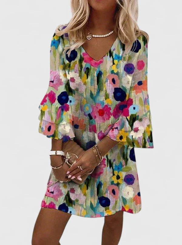 Damen Blumenprint V-Ausschnitt Rüschenärmel Minikleid - Multicolored