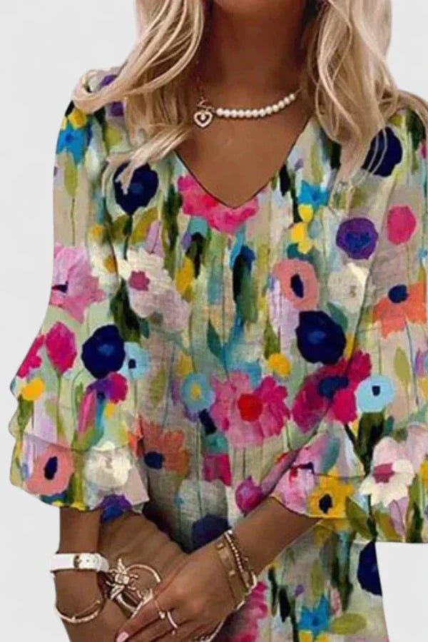 Damen Blumenprint V-Ausschnitt Rüschenärmel Minikleid