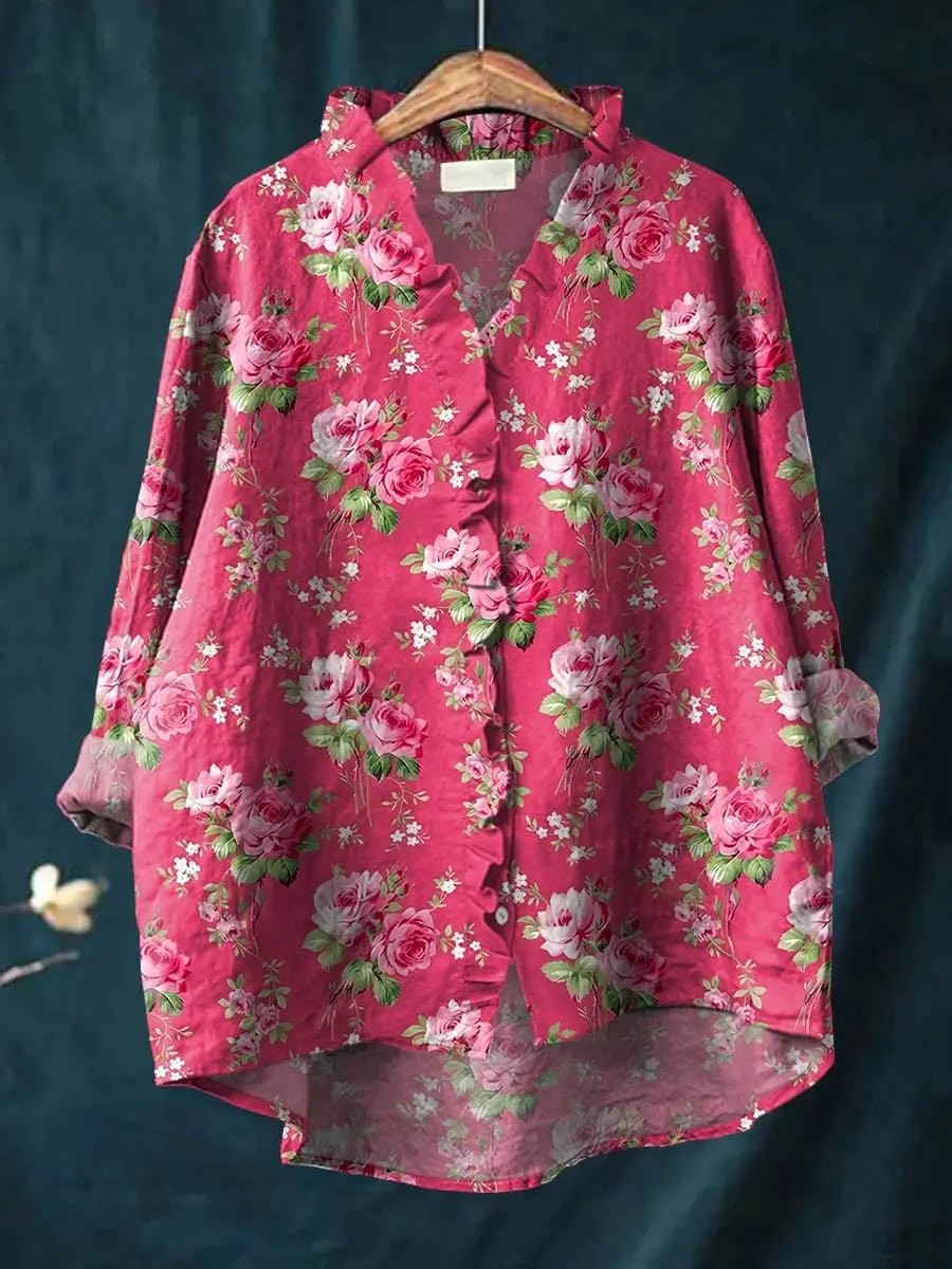 Damen Bluse Lockere Leinen-Baumwoll Rüschen Bluse Blumenmuster