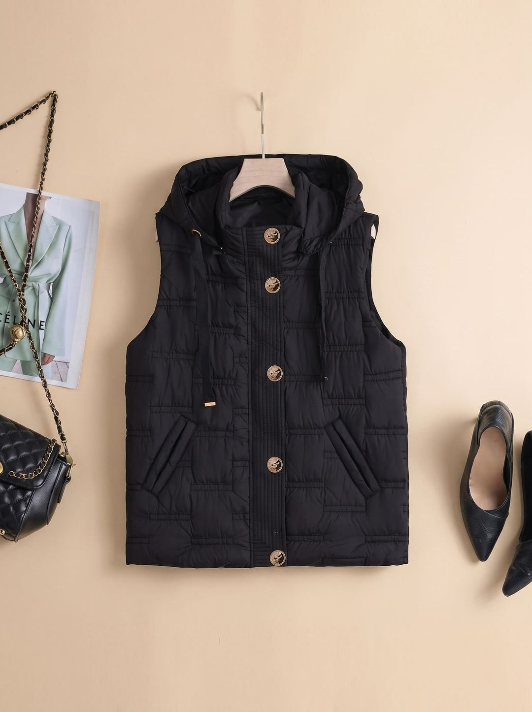 Damen Bodywarmer Gesteppte Kapuzenweste mit Knopfleiste - Schwarz