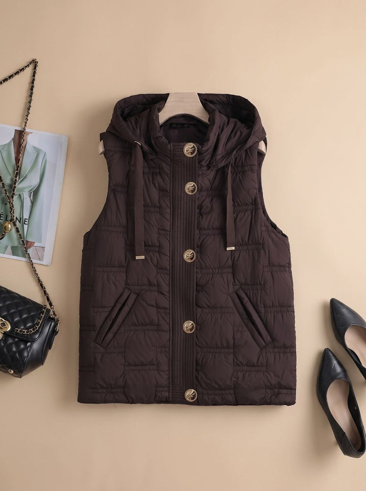 Damen Bodywarmer Gesteppte Kapuzenweste mit Knopfleiste - Braun
