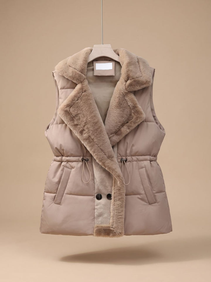 Damen Bodywarmer gesteppte Weste Kunstpelz-Schalkragen Tunnelzug - Khaki