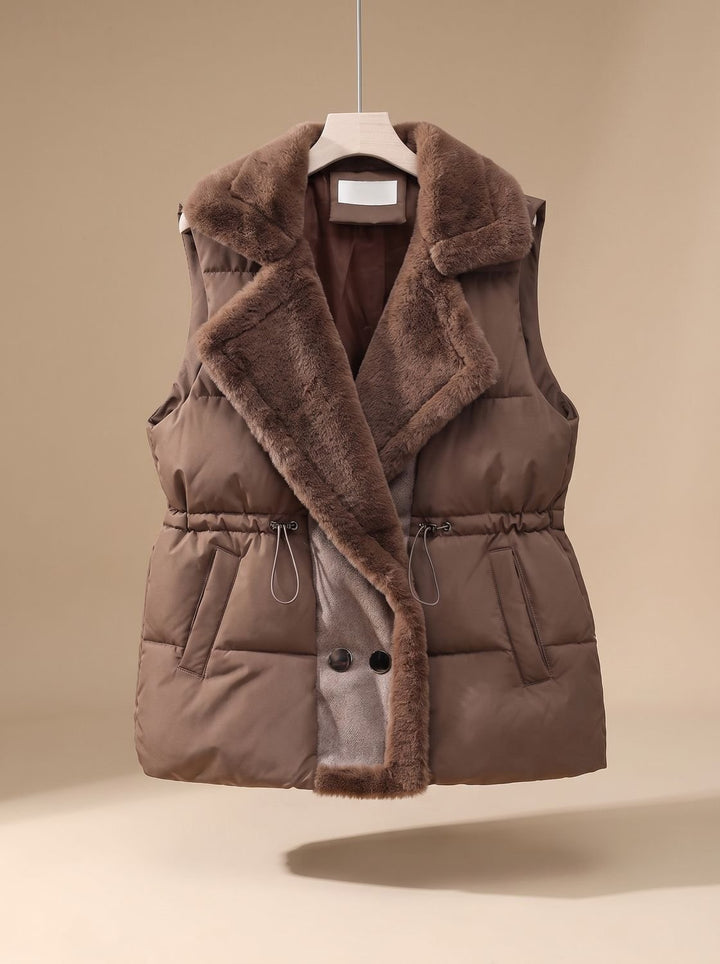 Damen Bodywarmer gesteppte Weste Kunstpelz-Schalkragen Tunnelzug - Braun