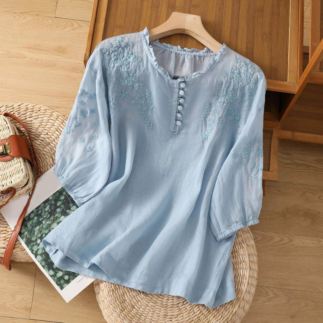 Damen Bohemian Bluse mit Blumenstickerei Rüschenkragen Puffärmeln - Blue