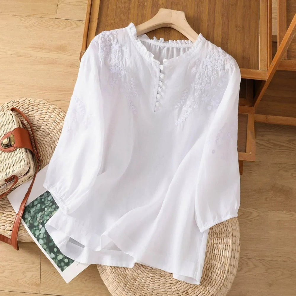 Damen Bohemian Bluse mit Blumenstickerei Rüschenkragen Puffärmeln - White