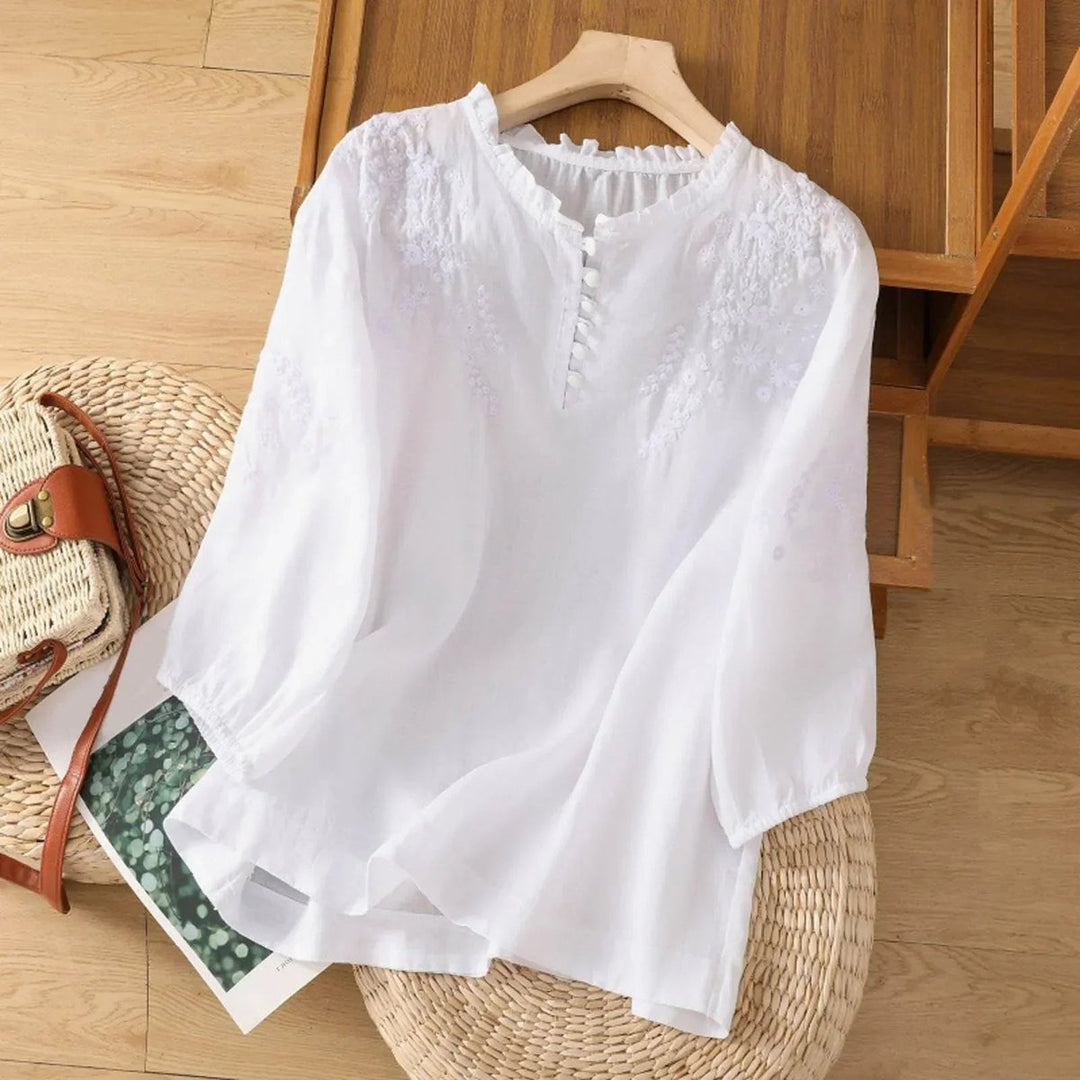 Damen Bohemian Bluse mit Blumenstickerei Rüschenkragen Puffärmeln - White